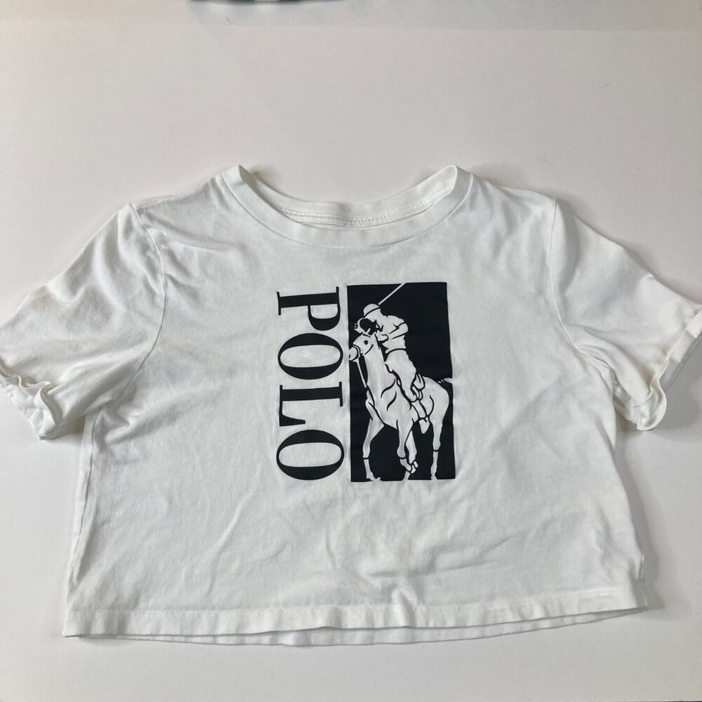 Polo Ralph Lauren Big Girls Cropped Polo Tee Large Horse White Black L